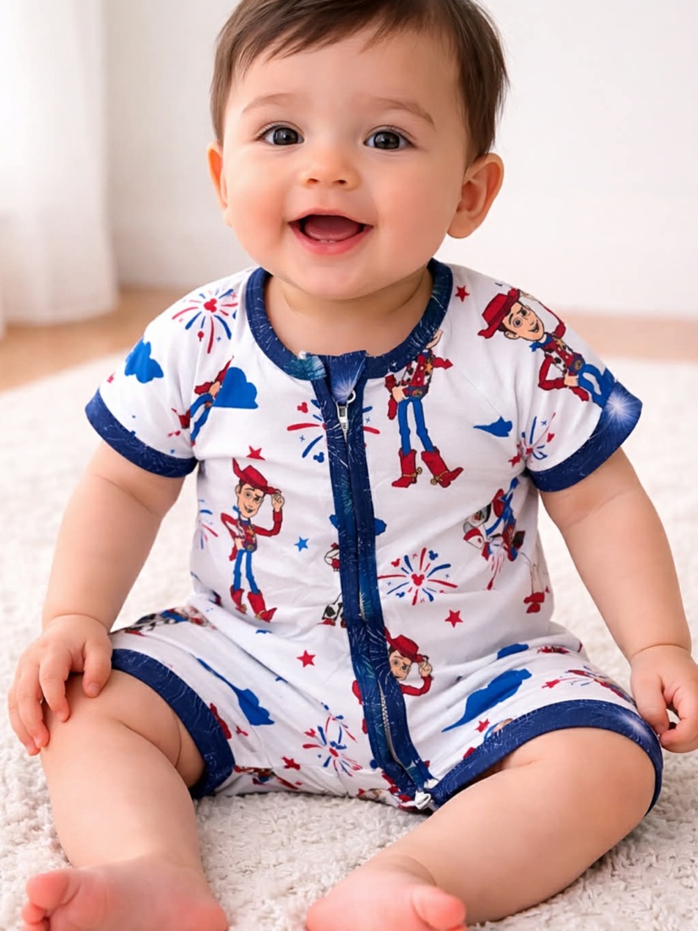 BAMBOO White & Navy Cowboy Firework Print Short-Sleeve Baby One-Piece